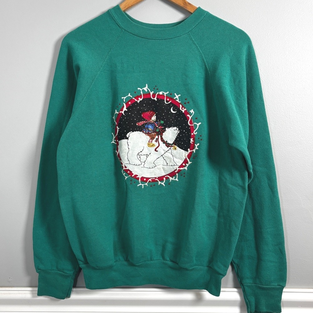 Tultex Green Polar Bear Child‎ Christmas Holiday Raglan Sweatshirt Medium, VTG